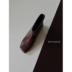 2025秋冬新款法式復古方頭短靴女粗跟真皮切爾西靴子大碼女鞋子