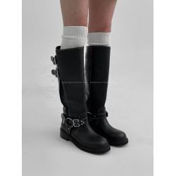 韓國東大門女鞋2025秋新款辣妹松弛感寬鬆大筒皮帶釦可調節高筒靴