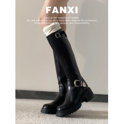 牛皮版~英倫風厚底粗跟不過膝長筒靴女復古百搭圓頭皮帶釦騎士靴