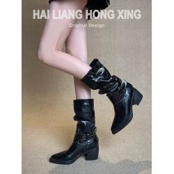 羊皮版~復古尖頭高跟短靴女新款粗跟褶皺堆堆靴騎士靴中筒馬丁靴