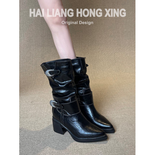 羊皮版~復古尖頭高跟短靴女新款粗跟褶皺堆堆靴騎士靴中筒馬丁靴 羊皮版~復古尖頭高跟短靴女新款粗跟褶皺堆堆靴騎士靴中筒馬丁靴