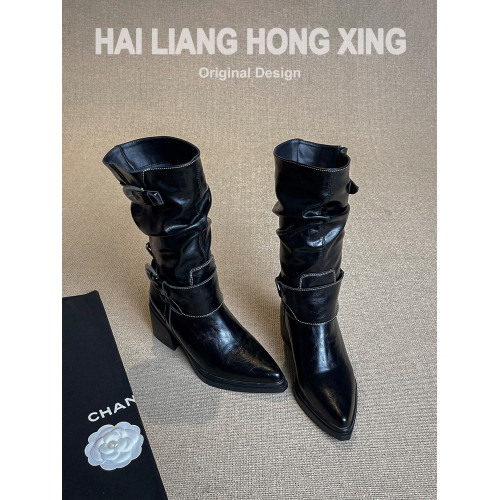 羊皮版~復古尖頭高跟短靴女新款粗跟褶皺堆堆靴騎士靴中筒馬丁靴 羊皮版~復古尖頭高跟短靴女新款粗跟褶皺堆堆靴騎士靴中筒馬丁靴