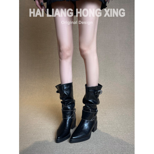 羊皮版~復古尖頭高跟短靴女新款粗跟褶皺堆堆靴騎士靴中筒馬丁靴 羊皮版~復古尖頭高跟短靴女新款粗跟褶皺堆堆靴騎士靴中筒馬丁靴