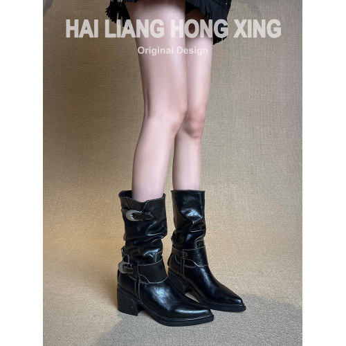 羊皮版~復古尖頭高跟短靴女新款粗跟褶皺堆堆靴騎士靴中筒馬丁靴 羊皮版~復古尖頭高跟短靴女新款粗跟褶皺堆堆靴騎士靴中筒馬丁靴