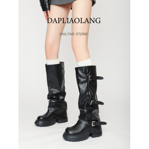 棕色胖mm長筒靴女粗腿大筒圍厚底騎士靴高跟皮釦帶大碼堆堆褲琯靴