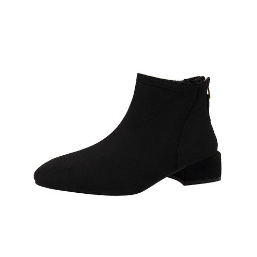 女鞋秋冬2026新款歐貨低跟圓頭後拉鍊方跟顯瘦時尚短靴女短筒平跟