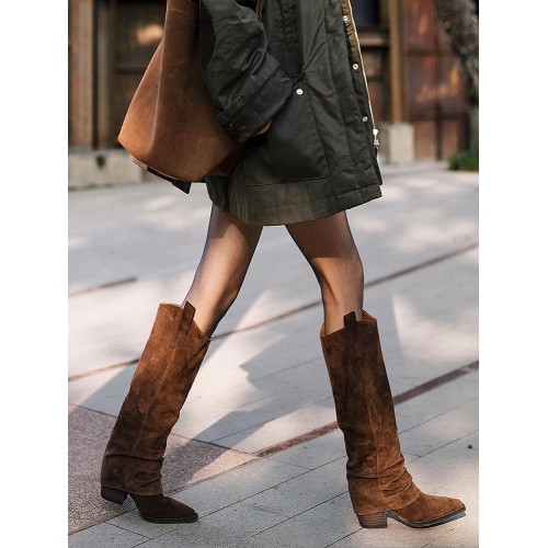 2025年新款歐美風百搭騎士靴孟子義同款尖頭褲琯靴厚底粗跟長筒靴