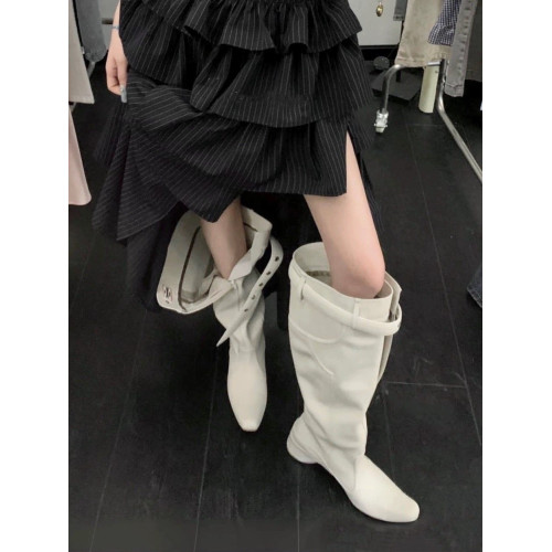 時髦感大筒圍褶皺堆堆靴復古西部牛仔靴異型跟騎士靴辣妹長筒靴女