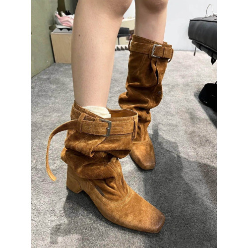 時髦感大筒圍褶皺堆堆靴復古西部牛仔靴異型跟騎士靴辣妹長筒靴女