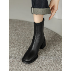 真皮方頭粗跟短靴女2025秋冬新款氣質百搭瘦瘦靴後拉鍊中跟彈力靴