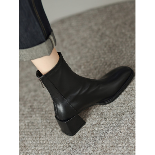 真皮方頭粗跟短靴女2025秋冬新款氣質百搭瘦瘦靴後拉鍊中跟彈力靴