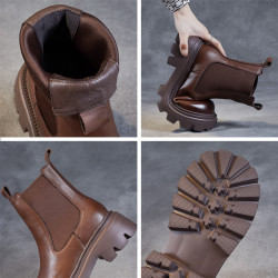 純皮切爾西短靴女軟底真皮復古馬丁靴軟皮秋季松糕厚底菸筒靴棕色