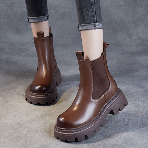 純皮切爾西短靴女軟底真皮復古馬丁靴軟皮秋季松糕厚底菸筒靴棕色