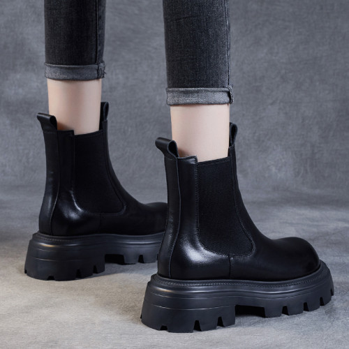 純皮切爾西短靴女軟底真皮復古馬丁靴軟皮秋季松糕厚底菸筒靴棕色