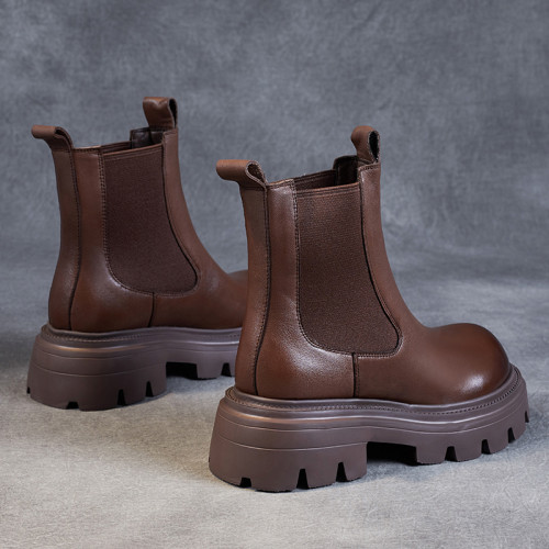 純皮切爾西短靴女軟底真皮復古馬丁靴軟皮秋季松糕厚底菸筒靴棕色