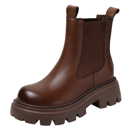 純皮切爾西短靴女軟底真皮復古馬丁靴軟皮秋季松糕厚底菸筒靴棕色