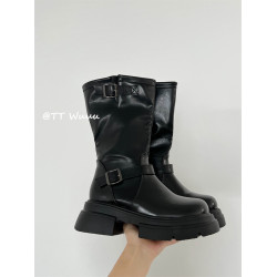 TTWuuu美拉德風厚底中高筒騎士靴復古顯瘦增高西部靴短靴小腿靴女