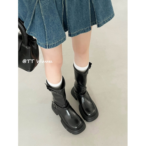 TTWuuu美拉德風厚底中高筒騎士靴復古顯瘦增高西部靴短靴小腿靴女