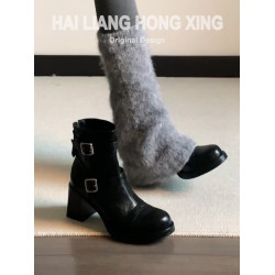 羊皮版~復古高跟短靴女秋冬新款加絨圓頭厚底馬丁靴粗跟瘦瘦靴子