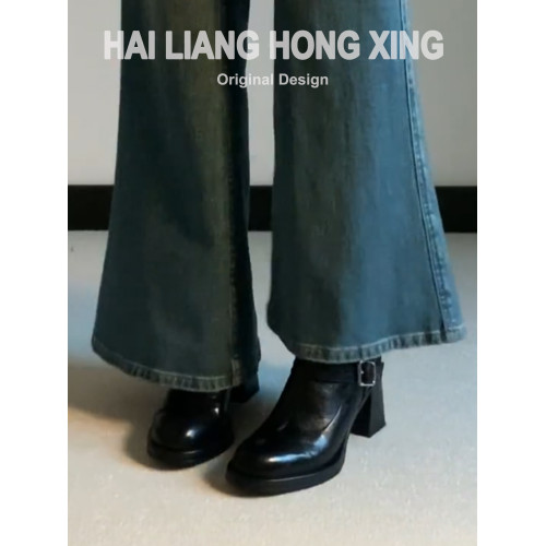 羊皮版~復古高跟短靴女秋冬新款加絨圓頭厚底馬丁靴粗跟瘦瘦靴子