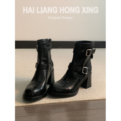 羊皮版~復古高跟短靴女秋冬新款加絨圓頭厚底馬丁靴粗跟瘦瘦靴子