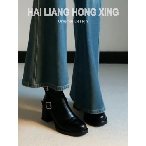 羊皮版~復古高跟短靴女秋冬新款加絨圓頭厚底馬丁靴粗跟瘦瘦靴子