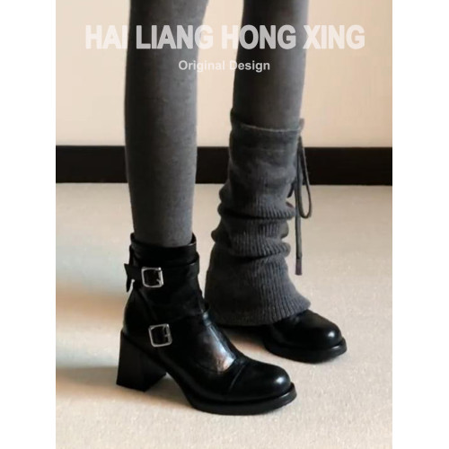 羊皮版~復古高跟短靴女秋冬新款加絨圓頭厚底馬丁靴粗跟瘦瘦靴子