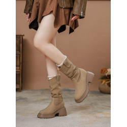 靴子中筒靴女2025新款秋冬真皮褶皺內增高瘦瘦靴堆堆靴小個子短靴