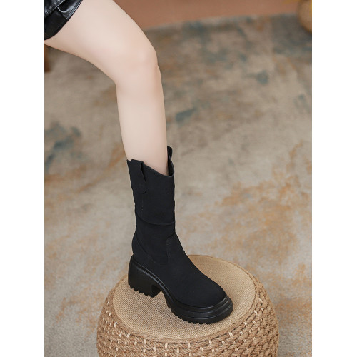 靴子中筒靴女2025新款秋冬真皮褶皺內增高瘦瘦靴堆堆靴小個子短靴