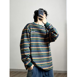 PGUP STUDIO春季日系復古彩色條紋衛衣男寬鬆圓領潮牌休閒上衣潮