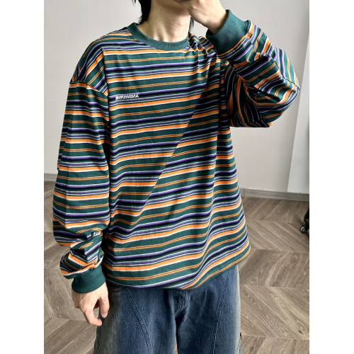 PGUP STUDIO春季日系復古彩色條紋衛衣男寬鬆圓領潮牌休閒上衣潮