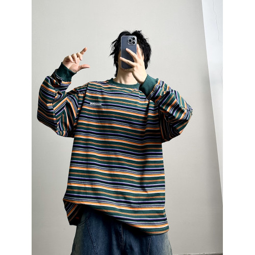 PGUP STUDIO春季日系復古彩色條紋衛衣男寬鬆圓領潮牌休閒上衣潮