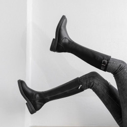 品牌不過膝長筒靴女2025秋冬新款粗低跟百搭真皮女靴加絨騎士靴子