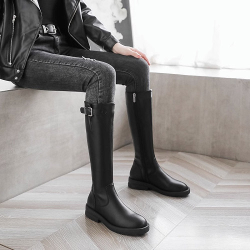 品牌不過膝長筒靴女2025秋冬新款粗低跟百搭真皮女靴加絨騎士靴子