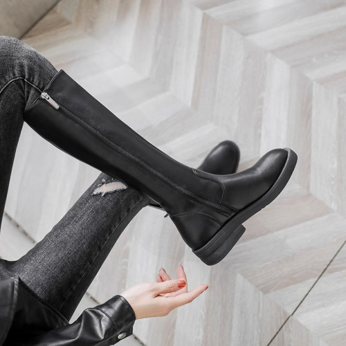 品牌不過膝長筒靴女2025秋冬新款粗低跟百搭真皮女靴加絨騎士靴子