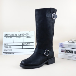 25秋冬季新款撤櫃單裡粗跟圓頭擦色皮帶釦時尚英倫女高筒騎士靴