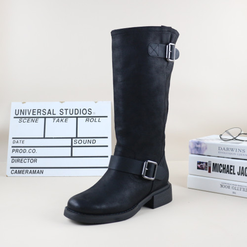 25秋冬季新款撤櫃單裡粗跟圓頭擦色皮帶釦時尚英倫女高筒騎士靴