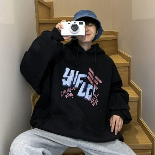 街頭風連帽衛衣男生春秋背面印花高街美式痞帥上衣百搭純棉套頭衫