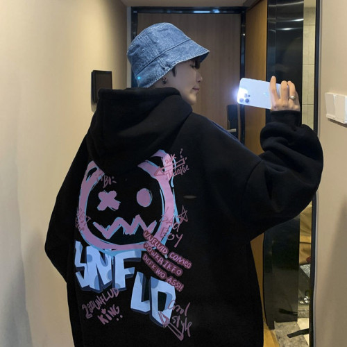 街頭風連帽衛衣男生春秋背面印花高街美式痞帥上衣百搭純棉套頭衫