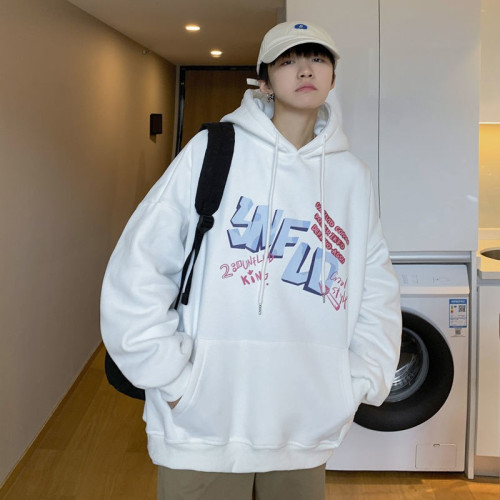 街頭風連帽衛衣男生春秋背面印花高街美式痞帥上衣百搭純棉套頭衫