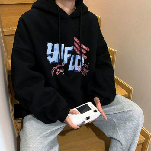 街頭風連帽衛衣男生春秋背面印花高街美式痞帥上衣百搭純棉套頭衫