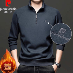 皮爾卡丹冬季新款男士半拉鍊立領衛衣加絨加厚綿羊毛長袖T恤上衣