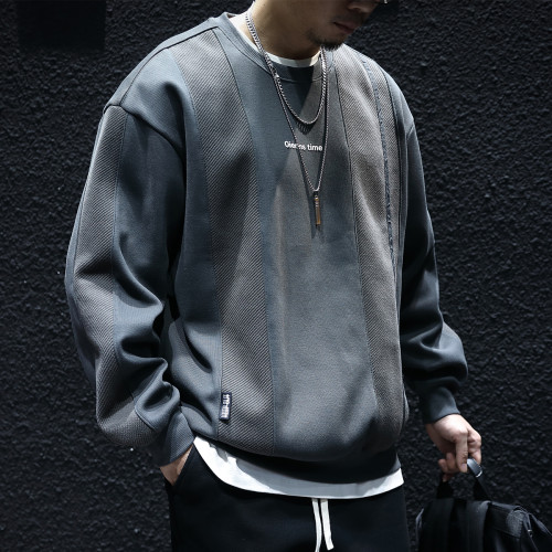 加絨加厚衛衣男冬季寬鬆圓領大碼拼接上衣秋冬厚款長袖休閒外套潮