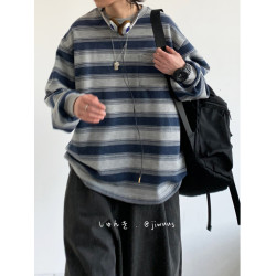 春秋季日系復古cityboy做舊海魂衫男女情侶圓領套頭條紋工裝衛衣