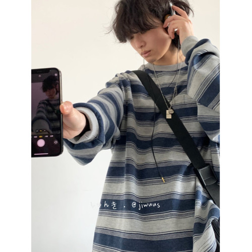 春秋季日系復古cityboy做舊海魂衫男女情侶圓領套頭條紋工裝衛衣