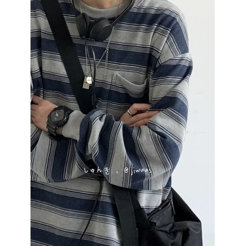 春秋季日系復古cityboy做舊海魂衫男女情侶圓領套頭條紋工裝衛衣