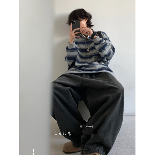 春秋季日系復古cityboy做舊海魂衫男女情侶圓領套頭條紋工裝衛衣