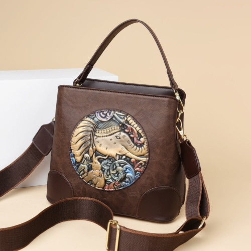 袋鼠單肩斜後後背包復古壓花女包包吉象如意休閒後後背包高級感時尚小方包