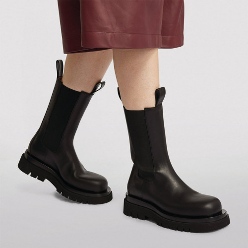 高定寬邊版2023春秋新款中筒靴圓頭厚底切爾西靴馬丁靴女菸筒靴