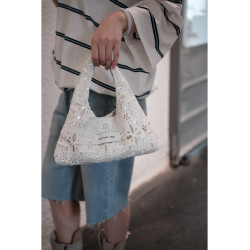 法式浪漫白亮片蕾絲手拎小hobo水桶包遛彎包小衆包包（無肩帶）